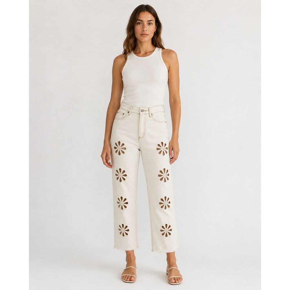 Glamorous Denim W26 Cream Floral Cutout Straight Leg Jeans Raw Hem